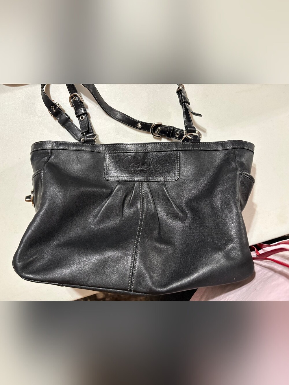 Coach Black Leather Shoulder Tote with Silver Hardware